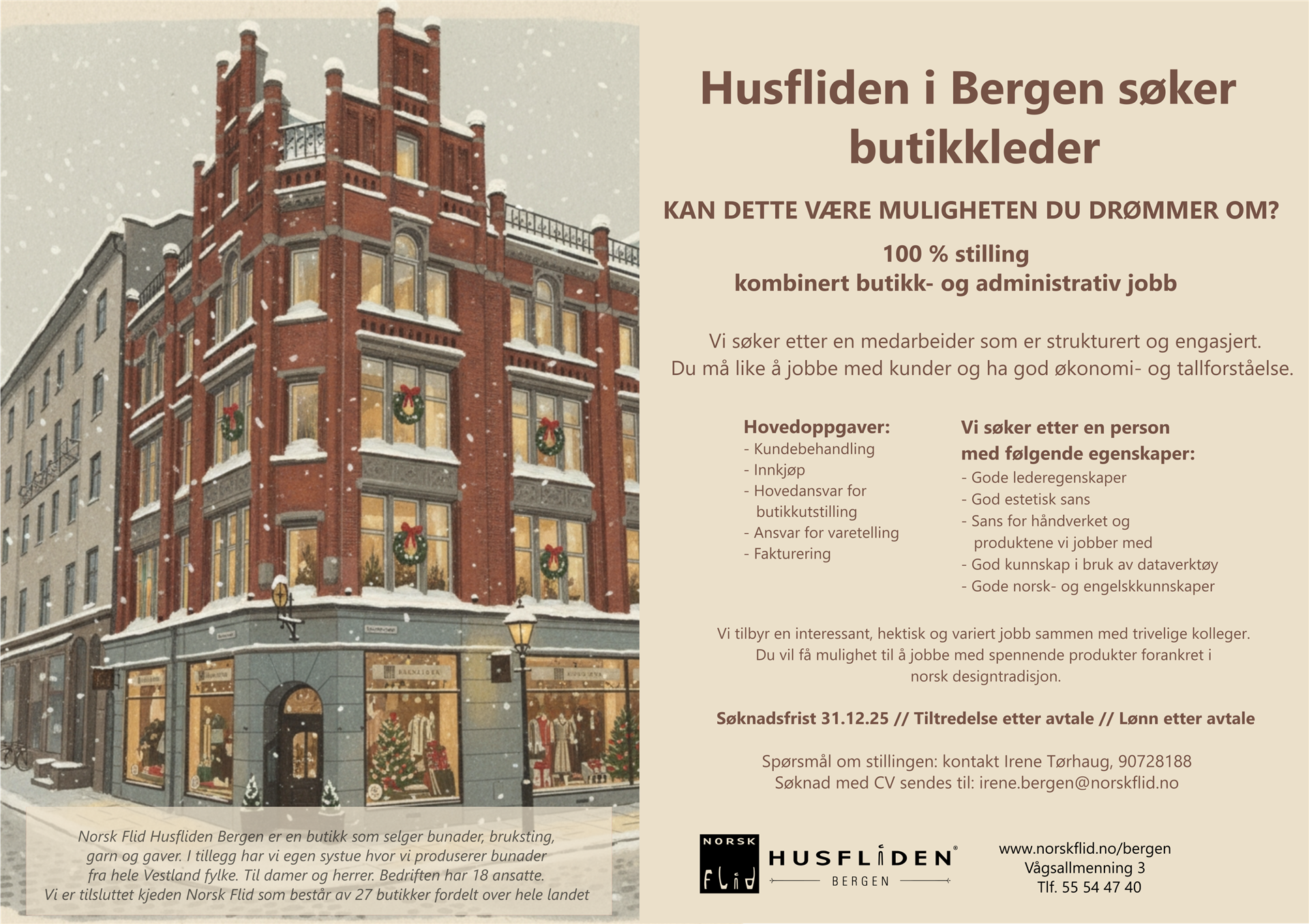 Husfliden i Bergen søker butikkleder