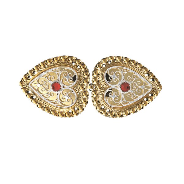 Beltespenne med raud stein og syhol, forgylt/kvit