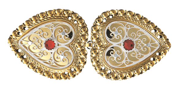 Beltespenne med raud stein og syhol, forgylt/kvit