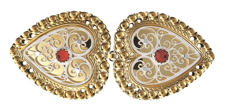 Beltespenne med raud stein og syhol, forgylt/kvit