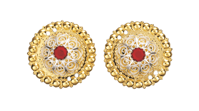 Borer 31 mm med raud stein, forgylt/kvit